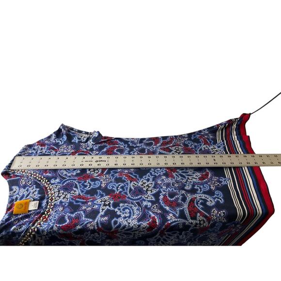 Ruby Rd Shirt Womens Large Blue Red Paisley Beaded Scoop Neck Short Sleeve Top - Picture 6 of 7